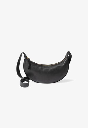 Black leather shoulder bag with a curved, half-moon shape, gold zipper, and adjustable strap. Smooth texture with no visible embellishments.