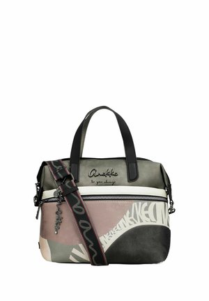 Petit sac à main multicolore avec poignées noires, poche zippée à l'avant, bandoulière à motif, et logo "Anekke" avec breloque en métal.