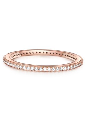 Alliance éternité en or rose avec de petits diamants ronds sertis tout autour de l’anneau circulaire fin sur fond blanc.