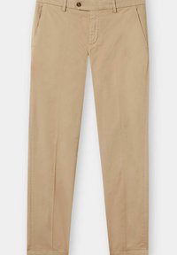 Chino in cotone beige con design a gamba dritta, dotato di due tasche laterali, una tasca posteriore e chiusura con bottone in vita.
