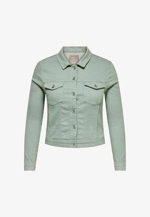 Ljusgröna kortade denimjacka med långa ärmar, knäppning fram och två fickor med lock och knappar på bröstet.
