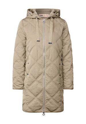 Beige quilted mid-length jacket with hood, front zipper, drawstring cords, and side pockets.