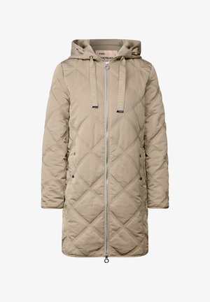 Chaqueta acolchada de longitud media en color beige, con capucha, cremallera frontal, cordones ajustables y bolsillos laterales.