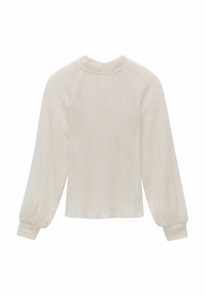 Hellbeige langärmliges Oberteil mit gerippter Textur, hohem Kragen und gepufften Ärmeln. Verfügt über geraffte Manschetten und einen lässigen Schnitt.