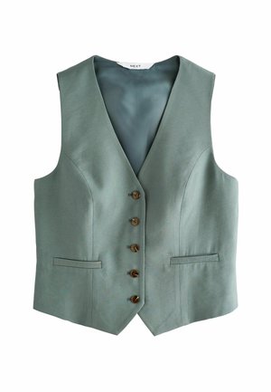 Veste sans manches vert clair avec cinq boutons marron sur le devant et deux poches fendues horizontales de chaque côté.