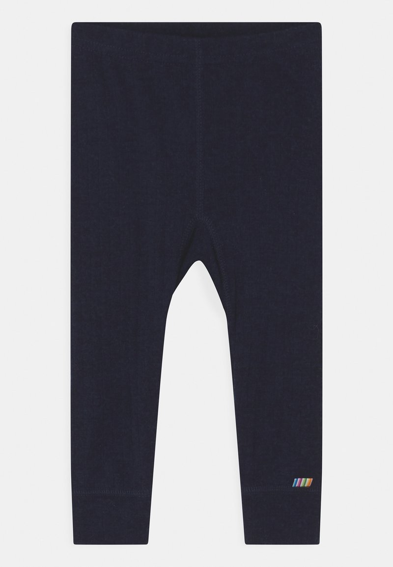 Leggings bleu marine en tissu doux, avec un détail de rayures colorées sur le bas à gauche et une coupe ajustée.