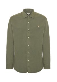 Camicia verde oliva con bottoni in cotone, dotata di colletto classico, maniche lunghe e un piccolo logo ricamato sul petto.