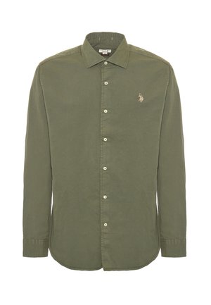 Camicia verde oliva con bottoni in cotone, dotata di colletto classico, maniche lunghe e un piccolo logo ricamato sul petto.