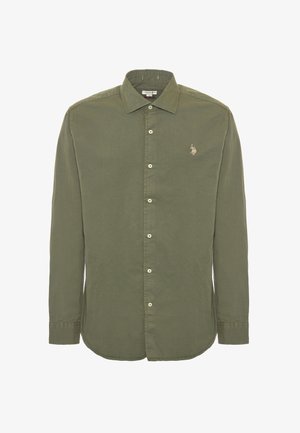 Camicia verde oliva con bottoni in cotone, dotata di colletto classico, maniche lunghe e un piccolo logo ricamato sul petto.
