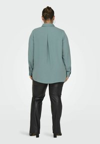 Light teal blouse with a back pleat, long sleeves, and button cuffs, paired with black faux leather pants and heels. Smooth texture, relaxed fit.