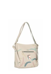 Beige Umhängetasche aus synthetischem Material mit abstrakten Pastellmustern. Verfügt über eine Vorderseite mit Reißverschlusstasche und einem verstellbaren Tragegurt.