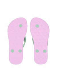 Flip-flops med ett grönt band och en rosa texturerad sula. Sulan har tre runda gröna accentprickar och ett geometriskt mönster i hela sulan.