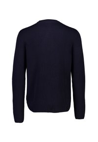 Marineblauer, gerippter Strickpullover mit langen Ärmeln, Rundhalsausschnitt und seitlichen Schlitzen am Saum für mehr Bewegungsfreiheit.