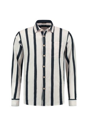 Lino marškiniai su vertikaliomis tamsiai mėlynomis juostelėmis ant smėlio spalvos fono, ilgomis rankovėmis, mygtukų užsegimu ir viena krūtinės kišene.