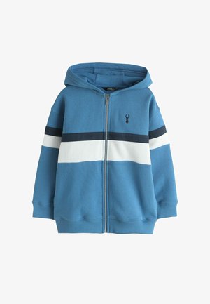 Blue zip-up hoodie with black and white horizontal stripes across chest and sleeves, featuring a small black deer logo on the left chest.