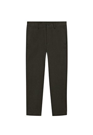 Mörkgröna chinos i bomullsmix, med smal passform, raka ben, standardfickor och knäppning i midjan.