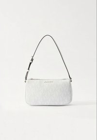 White faux leather handbag with a geometric texture, zip closure, and adjustable strap. Features a silver logo on the front.
