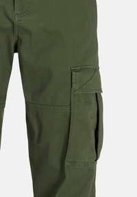 Pantaloni cargo in cotone verde oliva, dotati di tasche laterali, una vestibilità comoda e dettagli cuciti. Tessuto resistente con una consistenza liscia.
