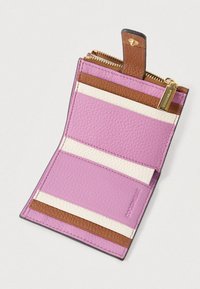 Tri-fold leather wallet in pink, white, and brown with a gold zipper pull and multiple card slots, laid open on a white surface.