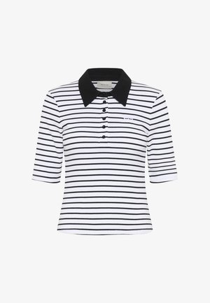Zwart-wit gestreepte polo met korte mouwen, voorzien van een zwarte kraag en een vijf-knopen-strook. Het materiaal lijkt glad en aansluitend te zijn.