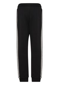 Svarta träningsbyxor med mjuk textur, featuring en grå sidopanel, elastisk midja och ribbade ärmslut för en säker passform.