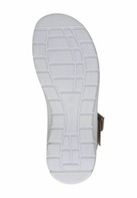 Suola di scarpa in gomma bianca con una trama testurizzata e un battistrada a motivo per una buona aderenza, con il nome del brand "Caprice" impresso. Bordo liscio attorno al design.