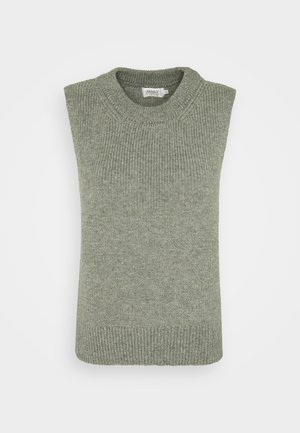 Gilet en maille sans manches vert olive clair avec un col rond côtelé, des emmanchures et un ourlet.