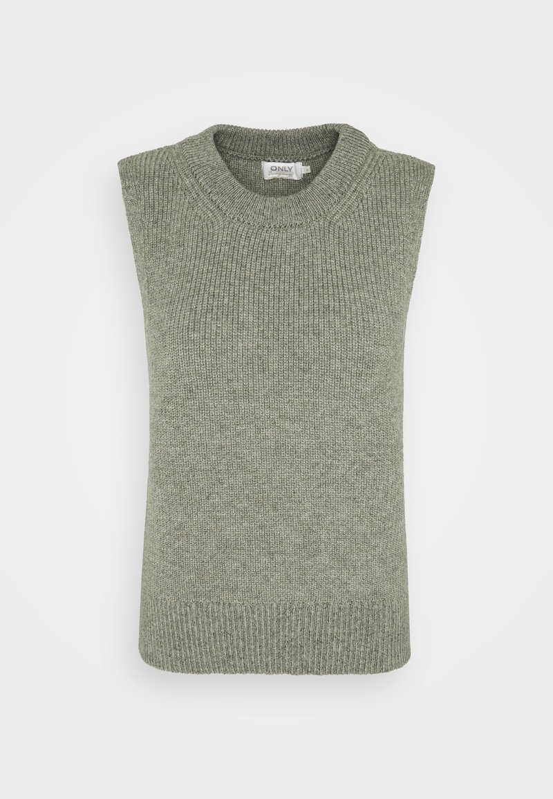 Gilet en maille sans manches vert olive clair avec un col rond côtelé, des emmanchures et un ourlet.