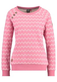 Felpa rosa con motivo a zigzag, realizzata in tessuto morbido. Presenta maniche raglan e tre bottoni decorativi sulla spalla sinistra.