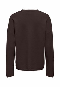 Pull en maille marron foncé à manches longues avec un col rond, vu de dos, design uni avec poignets et ourlet côtelés.
