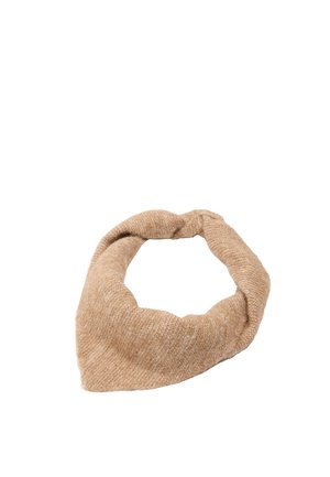 Beżowa dziergana opaska na głowę z ozdobnym węzłem, miękka, teksturowana tkanina, odpowiednia na chłodne dni lub jako modny dodatek.