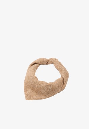 Beżowa dziergana opaska na głowę z ozdobnym węzłem, miękka, teksturowana tkanina, odpowiednia na chłodne dni lub jako modny dodatek.