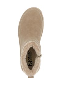 Beige Knöchelstiefel mit einem weichen Futter aus Pelz. Glattes Wildledermaterial, runde Spitze und seitlicher Reißverschluss. Rieker Evolution Soft-Branding innen.