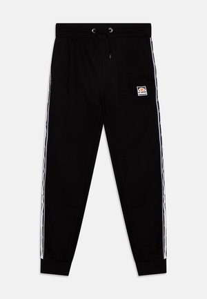 Schwarze Jogginghose mit Kordelzugbund, weißen Seitenstreifen und Logo-Patch. Hergestellt aus weichem, bequemem Material.