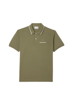 Olive green polo shirt with a ribbed collar, white trim, short sleeves, and a green embroidered logo. Features a chest pocket accent.
