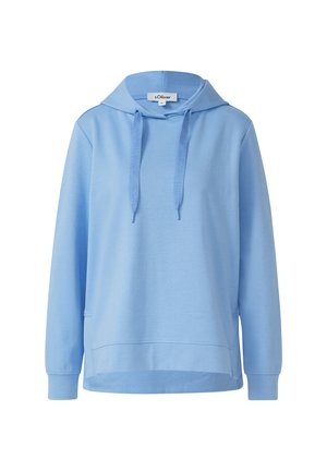 Jasnoniebieska bluza z kapturem wykonana z miękkiego materiału, z regulowanym kapturem, przednią kieszenią i ściągaczami przy rękawach. Prosty, casualowy design.