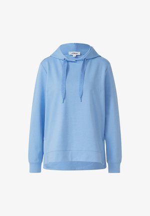 Hele sinine kapuutsiga sviiter, mis on valmistatud pehmest kangast, millel on nööriga kapuuts, eesmine tasku ja ribakujulised varrukad. Lihtne, mugav disain.