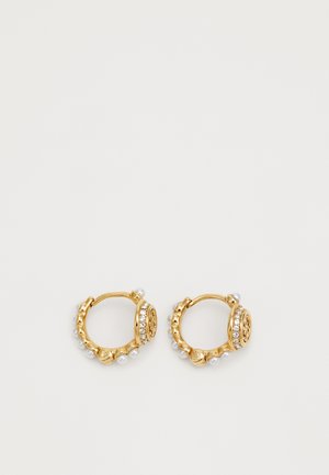 Gold hoop earrings featuring a textured design with pearl accents and small crystals. Round shape with a polished finish.