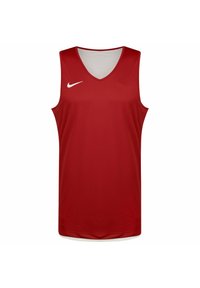 Rotes ärmelloses Sporttrikot mit V-Ausschnitt, aus atmungsaktiven Stoff gefertigt, mit einem weißen Nike-Logo auf der oberen linken Seite.