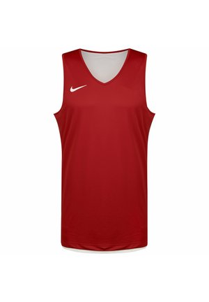 Rotes ärmelloses Sporttrikot mit V-Ausschnitt, aus atmungsaktiven Stoff gefertigt, mit einem weißen Nike-Logo auf der oberen linken Seite.