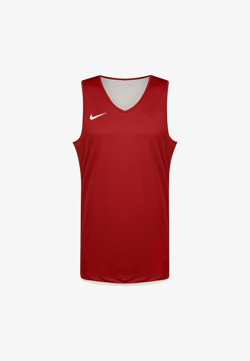 Red sleeveless athletic jersey with a v-neck design, made of breathable fabric, featuring a white Nike logo on the upper left side.