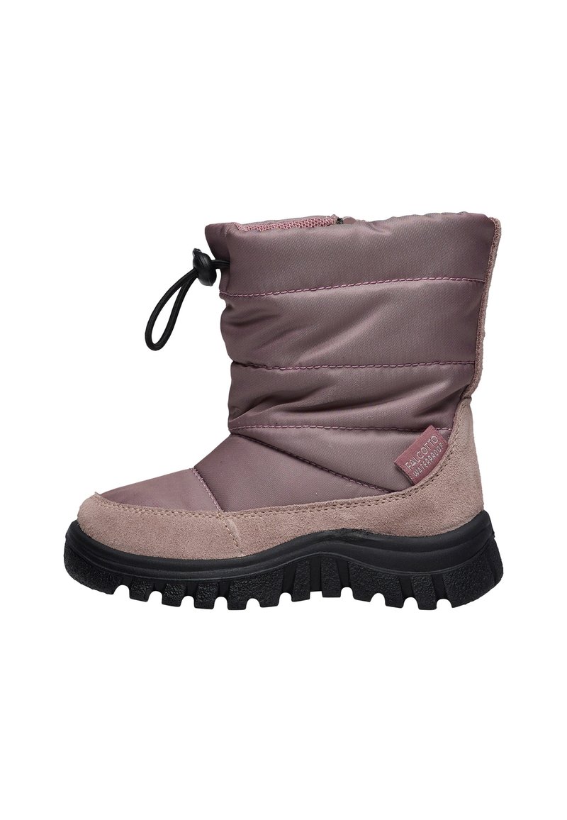 Bota de invierno impermeable en tonos rosa y malva, con un suave empeine acolchado, suela de goma y un cierre con cordón en el tobillo. Los detalles texturizados mejoran el agarre.