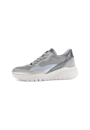 Gray sneaker featuring suede and metallic accents, textured midsole, rounded shape, and lace-up design for secure fit.