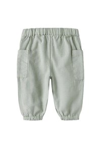 Hellgrüne, gewebte Stoffhosen mit einem elastischen Bund und elastischen Bündchen. Verfügt über zwei seitliche Taschen. Lässiges, tapered Design.