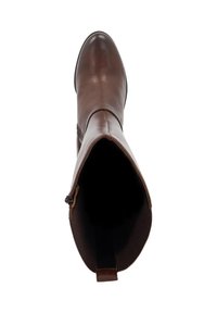 Brown leather knee-high boot with a rounded toe, smooth polished finish, side zipper, and a looped fabric pull tab at the back opening.
