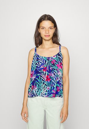 Top de alças com estampa floral em azul-marinho, com folhas e flores tropicais multicoloridas. Apresenta alças finas e um corte descontraído e solto.