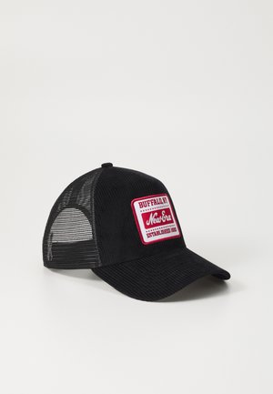 Black corded baseball cap with a curved brim. Features a red and white embroidered patch with "BUFFALO, NY" and "New Era" branding. Mesh sides.