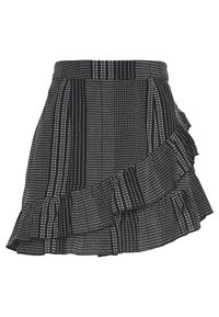 Jupe noire avec un design de volants superposés, rayures verticales blanches, et texture lisse. Taille élastique pour un ajustement ajustable.