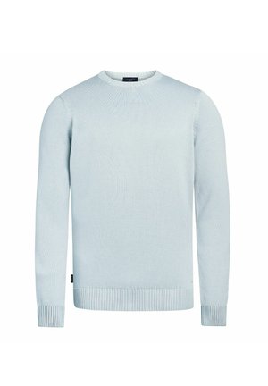 Light blue knitted crewneck sweater with long sleeves and ribbed cuffs and hem, displayed on a white background.