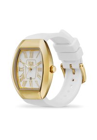 Orologio quadrato con lunetta dorata, quadrante con numeri romani bianchi e cinturino in silicone bianco. Presenta un display della data e corona dorata.